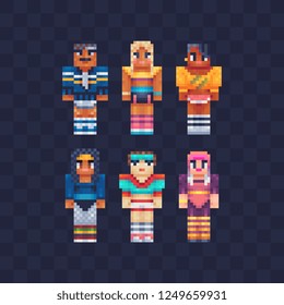 Pixels athlete workout characters low poly set. Men and women in sportswear animals video game character, isolated vector illustration. 8-bit sprite.