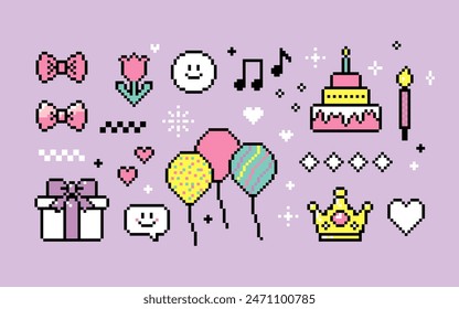 Pixels birthday elements. Present, birthday cake, ballon, holiday, party icon set. Colorful design. Y2k trendy playful pixelated sticker. Mood of 90's aesthetics. 8-bit retro style vector illustration