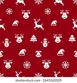 Pixels, Natal, Ano Novo, Padrão De Tecido, Vermelho, Veado, Pinheira, Neve, Boneco De Neve, Presente, Festival