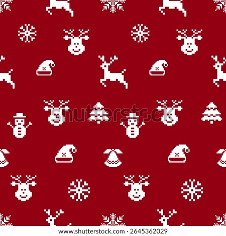 Pixels, Christmas, New Year, Fabric Pattern, Red, Deer, Pine Tree, Snow, Snowman, Gift, Festival
