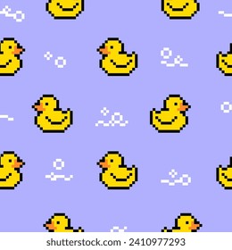 Pixels ducks, Y2k trendy seamless pattern, cute abstract elements, Minimal graphic design, 8 bit, gamification, Pixel art, duck.