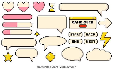 Pixels elements for game vector set. Pixel dialogue boxes, hearts, chat speech bubbles, flash message frames with text or empty dialog communication box in 8 bit retro style. Pixelated arrow, heart