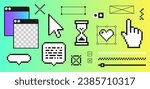 Pixels elements in the mood of 90's aesthetics. Y2k trendy stickers. Geometric Brutalism shape. 8-bit retro style illustration. Gradient background. Simple forms, symbols 