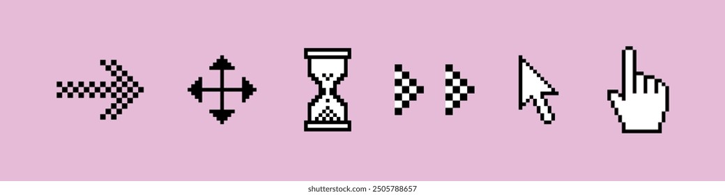 Pixels elements set in the mood of 90's aesthetics. Arrow set in pixel art. Pointing hand click icon. Cursor icon click. Clicking cursor. Y2k trendy stickers. 8 bit retro style vector illustration