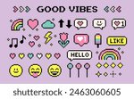 Pixels elements set. Rainbow, smile, arrow, heart. Y2k trendy playful pixels stickers. Mood of 90