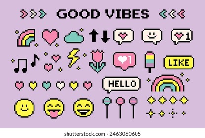 Pixels elements set. Rainbow, smile, arrow, heart. Y2k trendy playful pixels stickers. Mood of 90's aesthetics. 8-bit retro style vector illustration. Funny colored. Simple geometric form. Icon pack