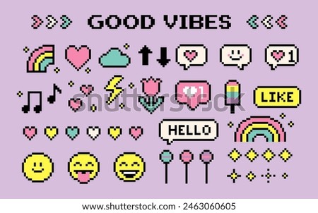 Pixels elements set. Rainbow, smile, arrow, heart. Y2k trendy playful pixels stickers. Mood of 90's aesthetics. 8-bit retro style vector illustration. Funny colored. Simple geometric form. Icon pack