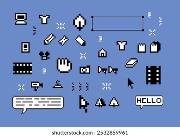 Pixels elements set. sayd trendy stickers. Mood of 90's aesthetics. 8-bit retro style vector illustration. Blue background. Simple geometric form, arrow, symbol, icon