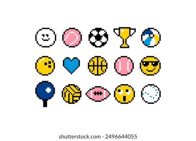 Pixels elements set for sport and recreation. Funny colored. Icon pack. Y2k trendy playful pixels stickers. Mood of 90's aesthetics. 8-bit retro style vector illustration. Simple geometric form