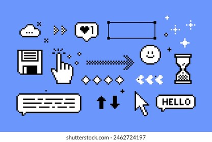 Pixels elements set. Y2k trendy stickers. Mood of 90