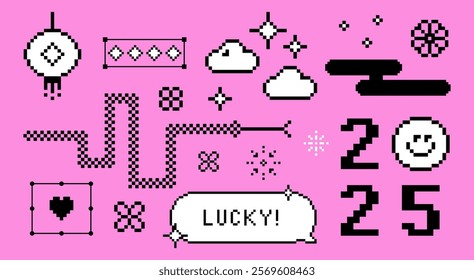 Pixels elements set. Y2k trendy stickers. Simple geometric icons. Chinese lantern, cherry blossom, snake. Video game abstract elements. Mood of 90s aesthetics. 8 bit retro style vector illustration