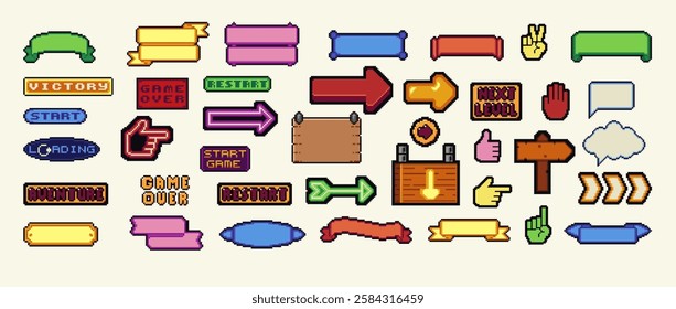 Pixels elements set. Y2k trendy stickers. Mood of 90's aesthetics. 8-bit retro style vector illustrations. Simple geometric form, arrow, symbol, icon