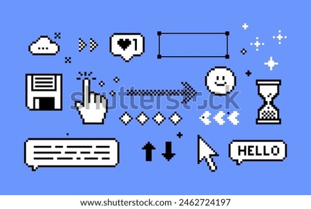 Pixels elements set. Y2k trendy stickers. Mood of 90's aesthetics. 8-bit retro style vector illustration. Blue background. Simple geometric form, arrow, symbol, icon