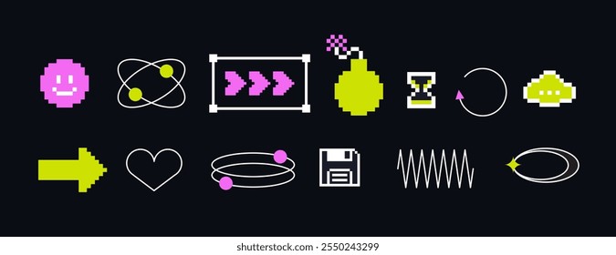 Pixels and geometric line elements set. Y2k trendy stickers. Mood of 90's aesthetics. 8-bit retro style vector illustration. Blue background. Simple geometric form, arrow, symbol, icon