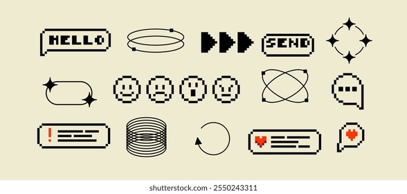 Pixels and geometric line elements set. Y2k trendy stickers. Mood of 90's aesthetics. 8-bit retro style vector illustration. Blue background. Simple geometric form, arrow, symbol, icon