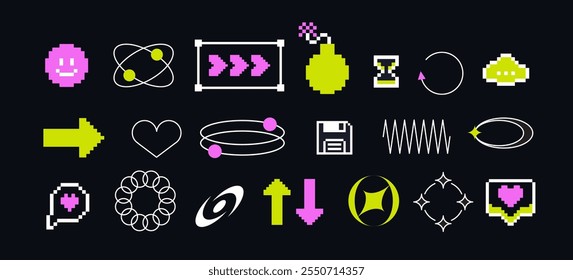 Pixels and geometric line elements set. Y2k trendy stickers. Mood of 90's aesthetics. 8-bit retro style vector illustration. Blue background. Simple geometric form, arrow, symbol, icon