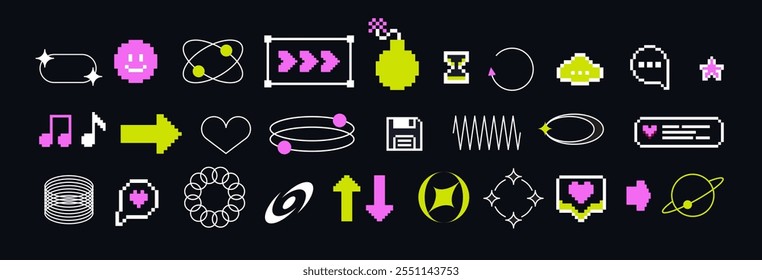 Pixels and geometric line elements set. Y2k trendy stickers. Mood of 90's aesthetics. 8-bit retro style vector illustration. Blue background. Simple geometric form, arrow, symbol, icon