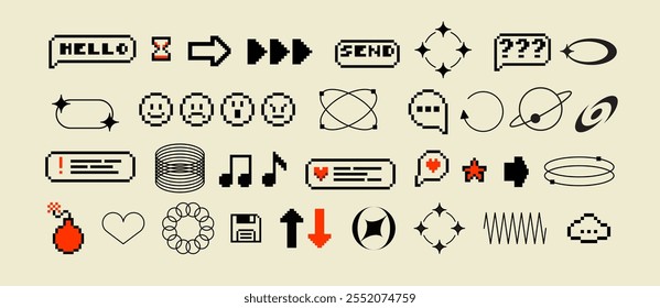 Pixels and geometric line elements set. Y2k trendy stickers. Mood of 90's aesthetics. 8-bit retro style vector illustration. Blue background. Simple geometric form, arrow, symbol, icon