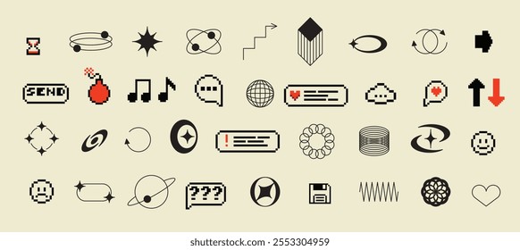 Pixels and geometric line elements set. Y2k trendy stickers. Mood of 90's aesthetics. 8-bit retro style vector illustration. Blue background. Simple geometric form, arrow, symbol, icon