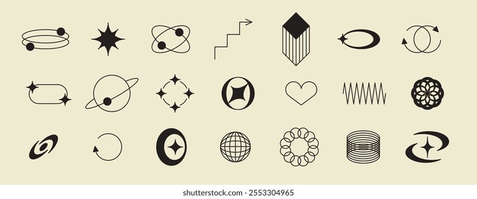 Pixels and geometric line elements set. Y2k trendy stickers. Mood of 90's aesthetics. 8-bit retro style vector illustration. Blue background. Simple geometric form, arrow, symbol, icon