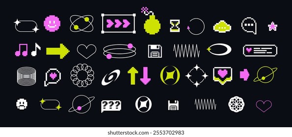 Pixels and geometric line elements set. Y2k trendy stickers. Mood of 90's aesthetics. 8-bit retro style vector illustration. Blue background. Simple geometric form, arrow, symbol, icon