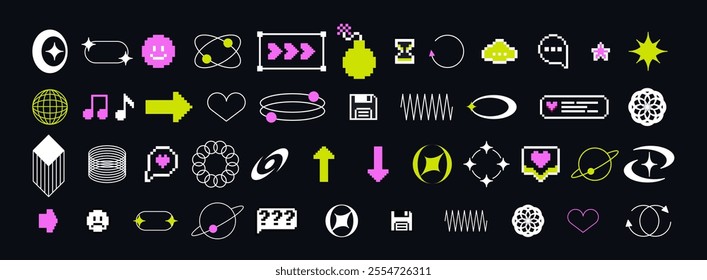 Pixels and geometric line elements set. Y2k trendy stickers. Mood of 90's aesthetics. 8-bit retro style vector illustration. Blue background. Simple geometric form, arrow, symbol, icon