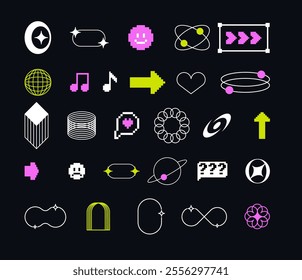 Pixels and geometric line elements set. Y2k trendy stickers. Mood of 90's aesthetics. 8-bit retro style vector illustration. Blue background. Simple geometric form, arrow, symbol, icon