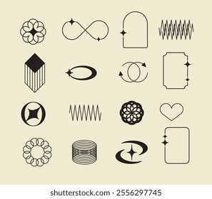 Pixels and geometric line elements set. Y2k trendy stickers. Mood of 90's aesthetics. 8-bit retro style vector illustration. Blue background. Simple geometric form, arrow, symbol, icon