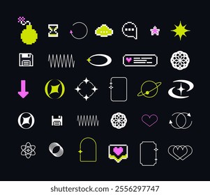 Pixels and geometric line elements set. Y2k trendy stickers. Mood of 90's aesthetics. 8-bit retro style vector illustration. Blue background. Simple geometric form, arrow, symbol, icon