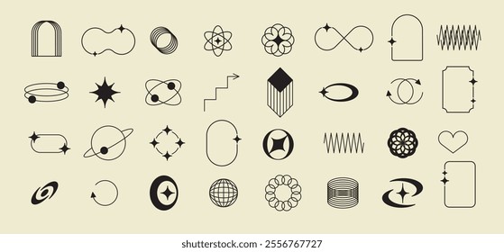 Pixels and geometric line elements set. Y2k trendy stickers. Mood of 90's aesthetics. 8-bit retro style vector illustration. Blue background. Simple geometric form, arrow, symbol, icon