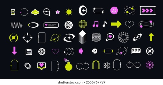 Pixels and geometric line elements set. Y2k trendy stickers. Mood of 90's aesthetics. 8-bit retro style vector illustration. Blue background. Simple geometric form, arrow, symbol, icon