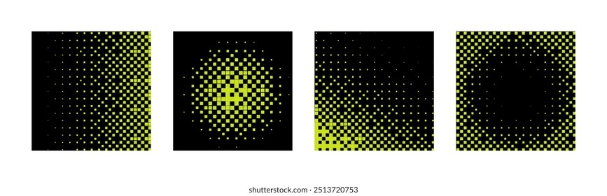 Pixels in a gradient effect, bitmap style and pixel texture. Flat vector illustration set