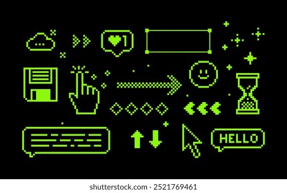 Pixels green elements set. Y2k stickers. Mood of 90's aesthetics. 8-bit retro style vector illustration. Black background. Simple geometric form, arrow, icon. Shapes for trendy y2k collage, poster