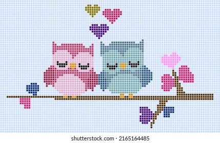 Pixels a pair of owl for cross stitching patterns. Illustration of mosaic bird vectors who love each other