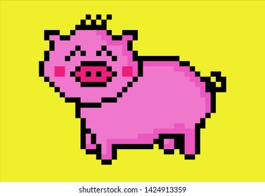 Pixels pig pink, Yellow background