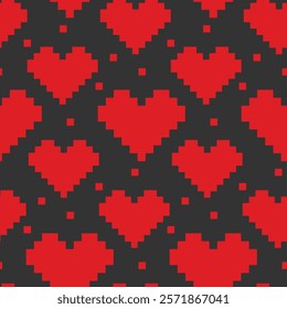 Pixels red hearts on dark background Seamless pattern. Pixel Art Abstract Background Texture concept