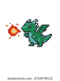 Pixels de um pequeno dragão verde respirando uma chama laranja-vermelha.