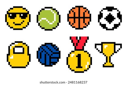 Los píxeles tienen pegatinas juguetonas de moda. Juego de iconos de bolas. Fútbol, fútbol, tenis, baloncesto, voleibol, colección. Sentimiento de la estética de los 90. Ilustración vectorial pixelada estilo retro de 8 bits