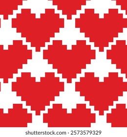 Pixels Stylized Heart shape Seamless pattern in trendy monochrome red. St Valentine Day Background