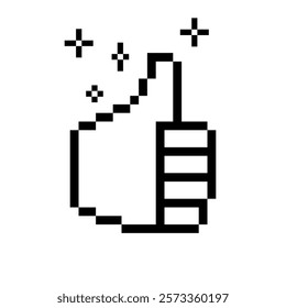 Pixels thumbs up like emoji. Vintage thumb hand gesture vector icon. Pixel art. Y2k retro ok sticker. Simple geometric object. 8 bit like icon. Game abstract element. White background. Mood of 90s