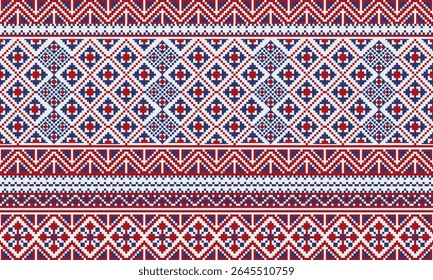 Pixels are traditional geometric patterns in woven or knitted fabrics. The main colors used are blue, red and white, often found in local or ethnic woven fabrics. Diamond shape, simple and elegant but