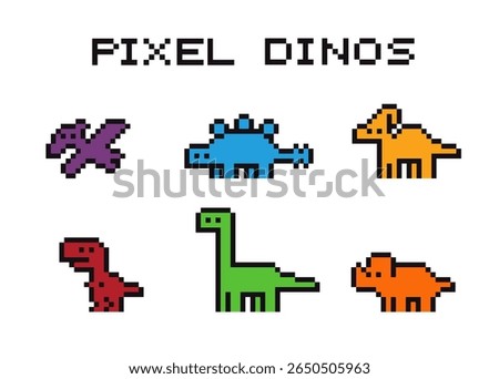  Pixels Y2k funny playful cute dinosaurs, frames, icon stickers 8-bit retro style vector illustration for social media. Set of pixel art. Emoji pixelated icons.