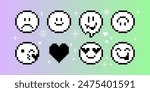 Pixels Y2k funny playful emoticon stickers. Love, kiss, melting smile. 8-bit retro style vector illustration for social media. Set of emoticons pixel art. Emoji pixelated icons. Various faces
