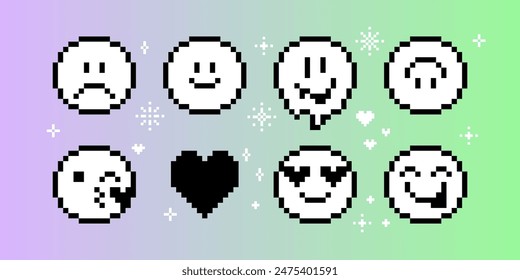 Pixels Y2k funny playful emoticon stickers. Love, kiss, melting smile. 8-bit retro style vector illustration for social media. Set of emoticons pixel art. Emoji pixelated icons. Various faces