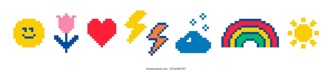 Pixels Y2k funny playful emoticon collage stickers. Sun, cloud, flower, rainbow, heart, smiling face. 8-bit retro style vector illustration. Set of pixel art design elements. Naive emoji icon