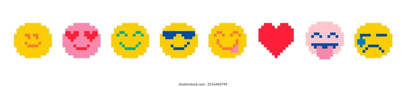 Pixels Y2k funny playful emoticon stickers. Love, kiss, heart, sad face. 8-bit retro style vector illustration. Set of emoticons pixel art. Naive emoji icon. Various faces. Game abstract elements