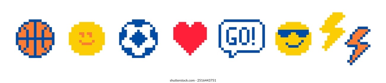 Pixels Y2k funny playful emoticon collage stickers. Basketball, soccer ball, heart, smiling face, speech buble Go. 8-bit retro style vector illustration. Set of pixel art elements. Naive emoji icon