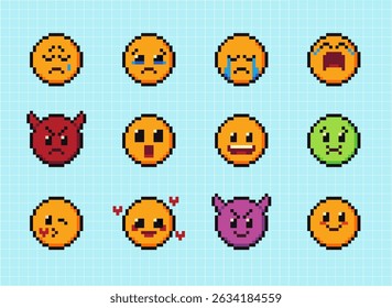 Pixels Y2k funny playful emoticon stickers. Love, kiss, melting smile. 8-bit retro style vector illustration for social media. Set of emoticons pixel art. Emoji pixelated icons. Various faces