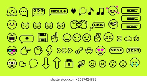Pixels Y2k funny playful emoticon stickers. Love, kiss, melting smile. 8-bit retro style vector illustration for social media. Set of emoticons pixel art. Emoji pixelated icons. Various faces