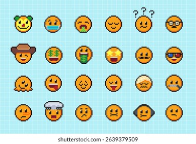 Pixels Y2k funny playful emoticon stickers. Love, kiss, melting smile. 8-bit retro style vector illustration for social media. Set of emoticons pixel art. Emoji pixelated icons. Various faces